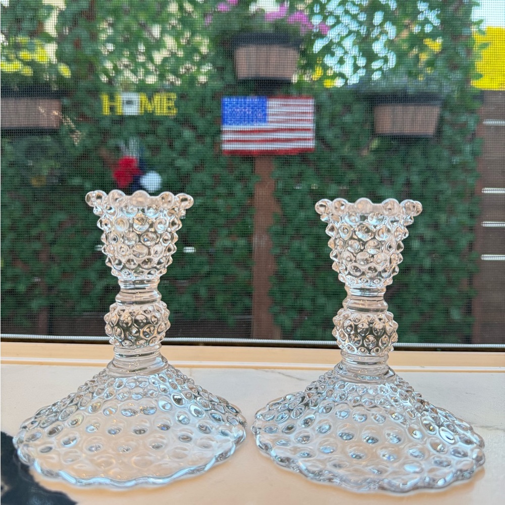 Vintage Pair DUNCAN & MILLER Clear Glass Hobnail Candlestick Candle Holders
